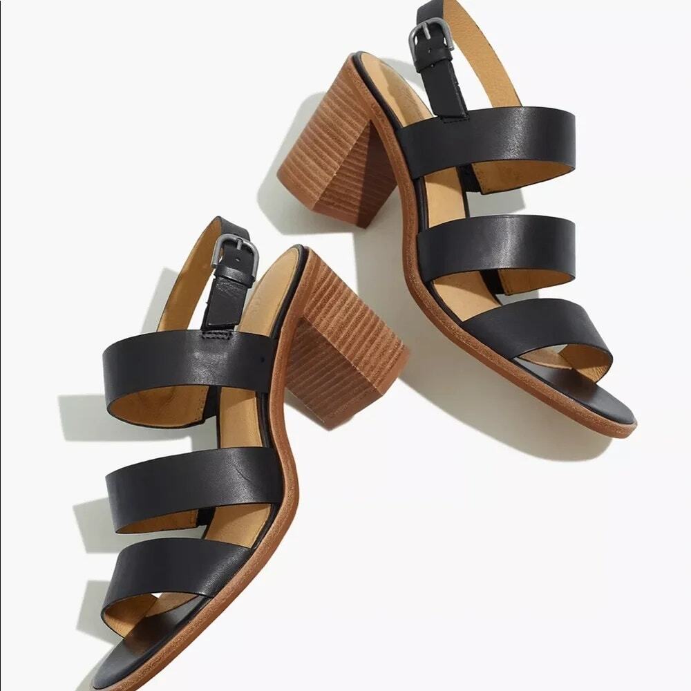 Madewell Black Leather The Abbi 3-Strap Heeled Sandals Women's Size 5.5